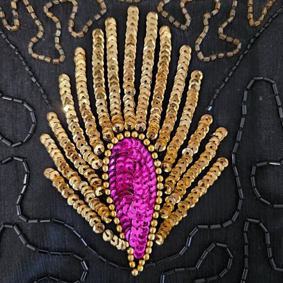 Vintage Denise Elle Black Silk Blouse Peacock Sequins Bling Holidays Party Top - Picture 3 of 12
